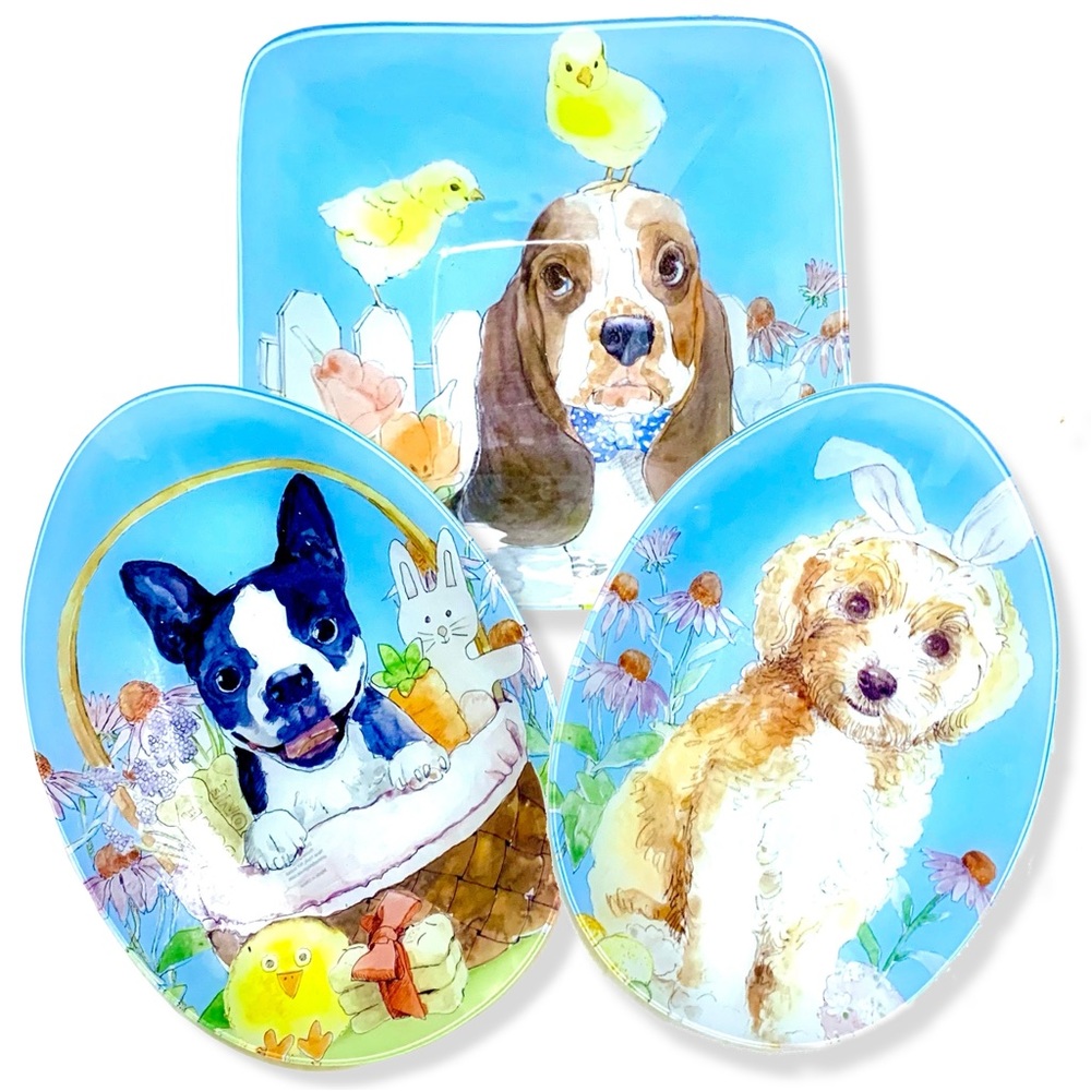 3pc Glass Serving Set ◈ Easter Dogs Frenchie Corgi
